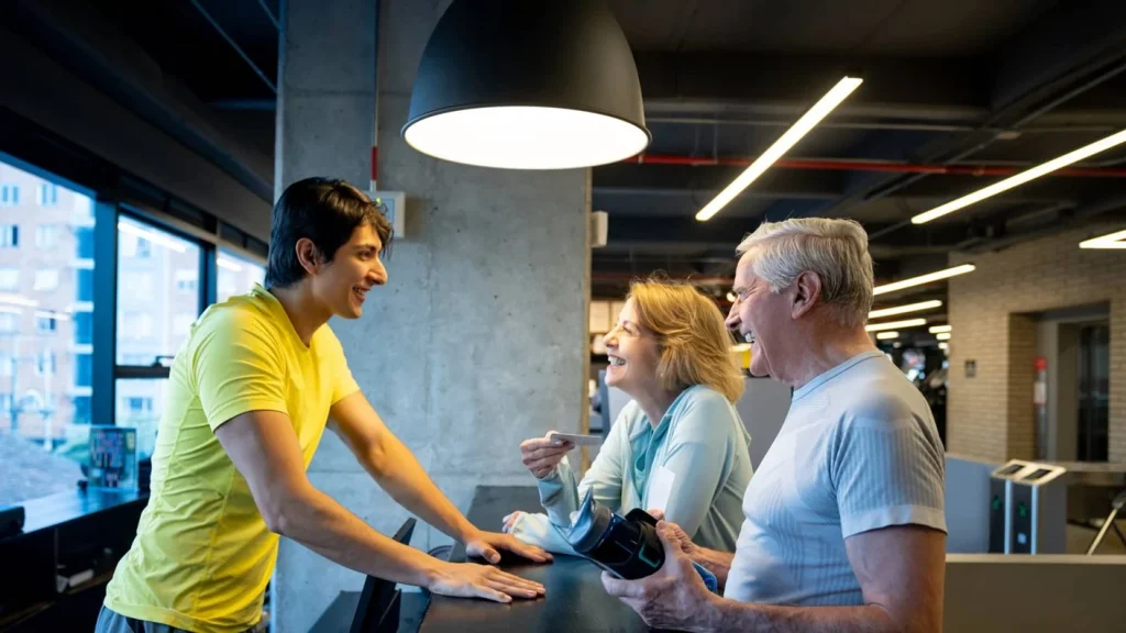 A recreation assistant greeting customers