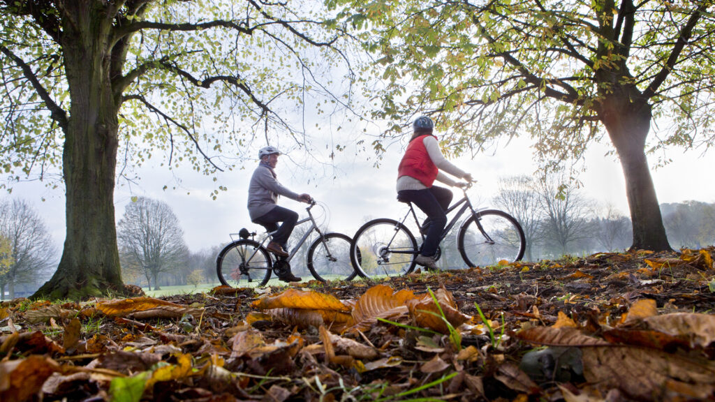 Mature adult couple riding bikes through the park, they are wrapped up warm and chatting to each other. It is a bright autumn day and the sun can be seen shining through the trees.