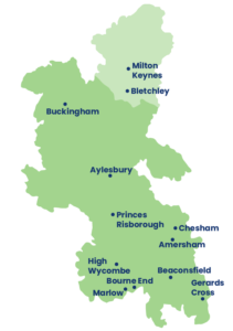 A map of Buckinghamshire showing the major towns including Milton Keynes, Bletchley, Buckingham and Aylesbury