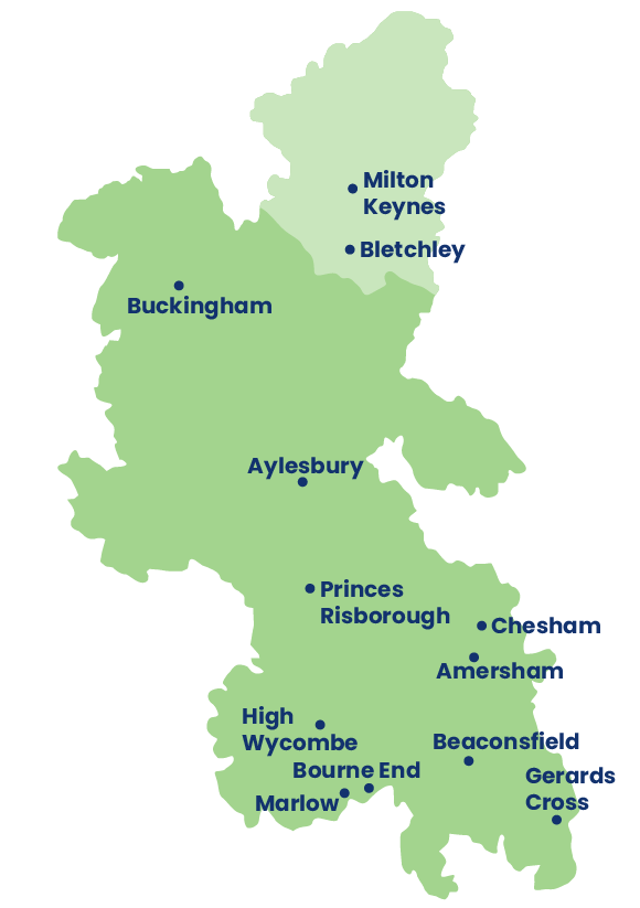 A map of Buckinghamshire showing the major towns including Milton Keynes, Bletchley, Buckingham and Aylesbury