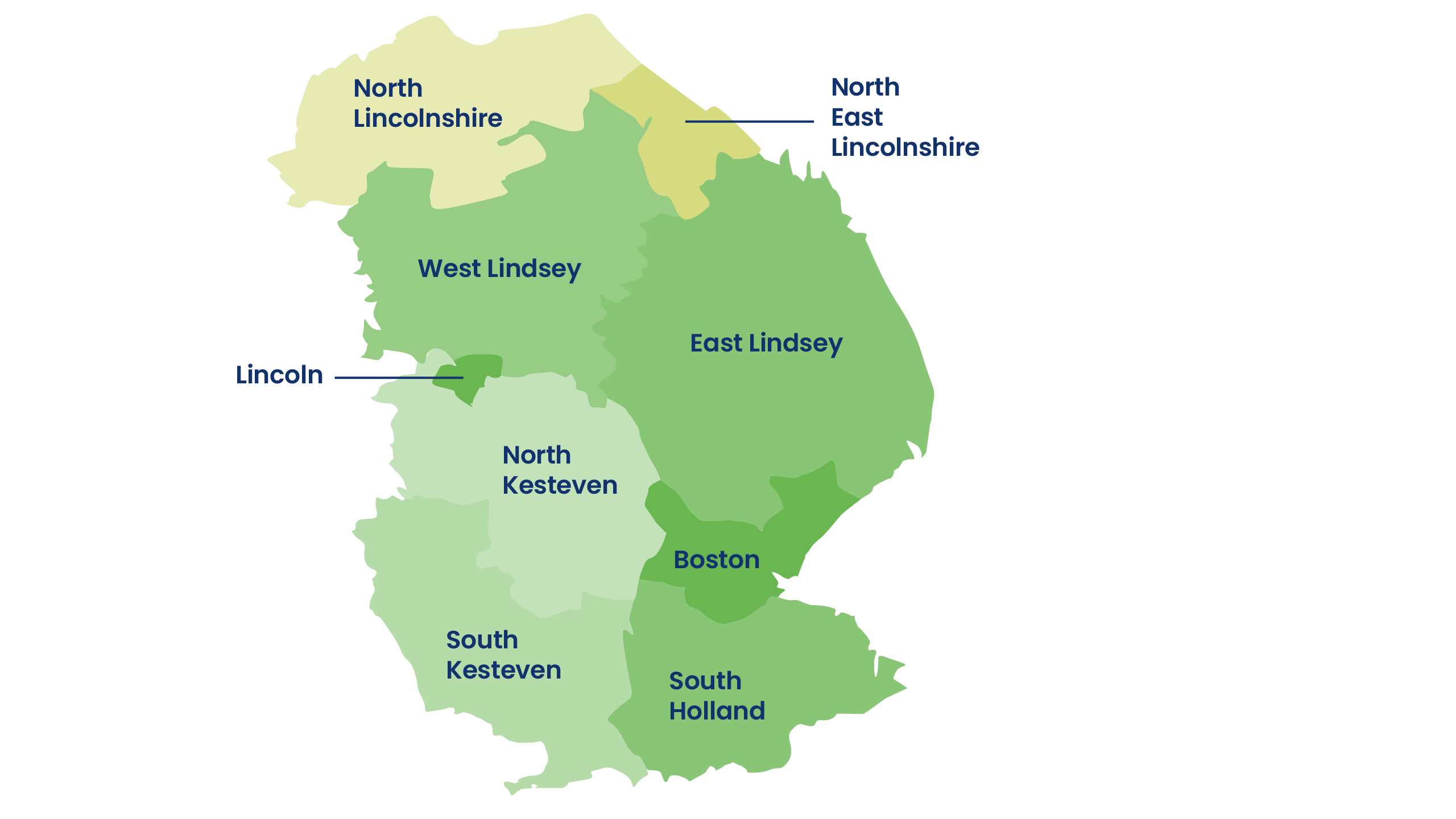 Map of Lincolnshire showing the districts.